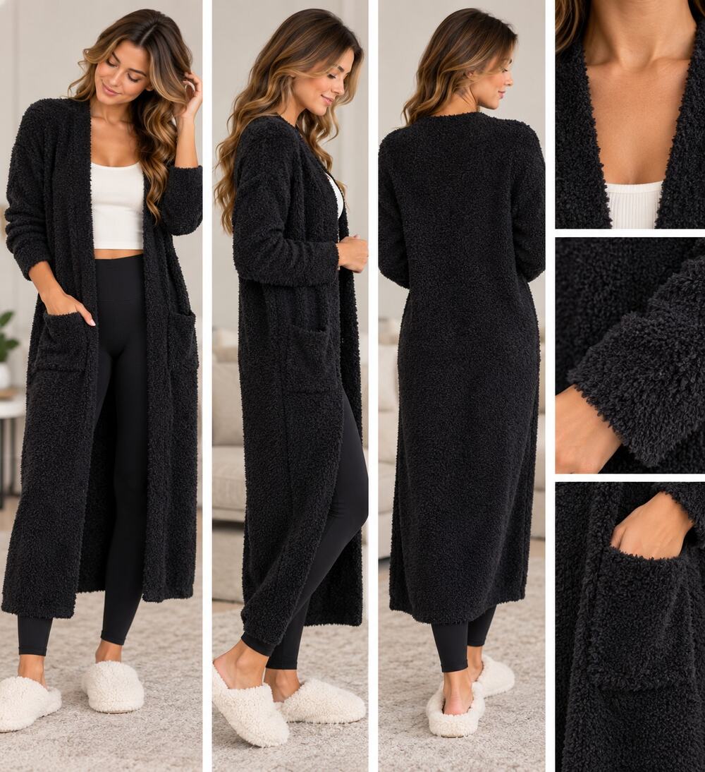 SKIMS Black Fuzzy Long Cardigan Robe – Size L/XL